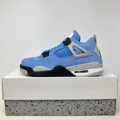 Jordan 4 Retro University Blue sneaker, brand new condition, displayed on box.