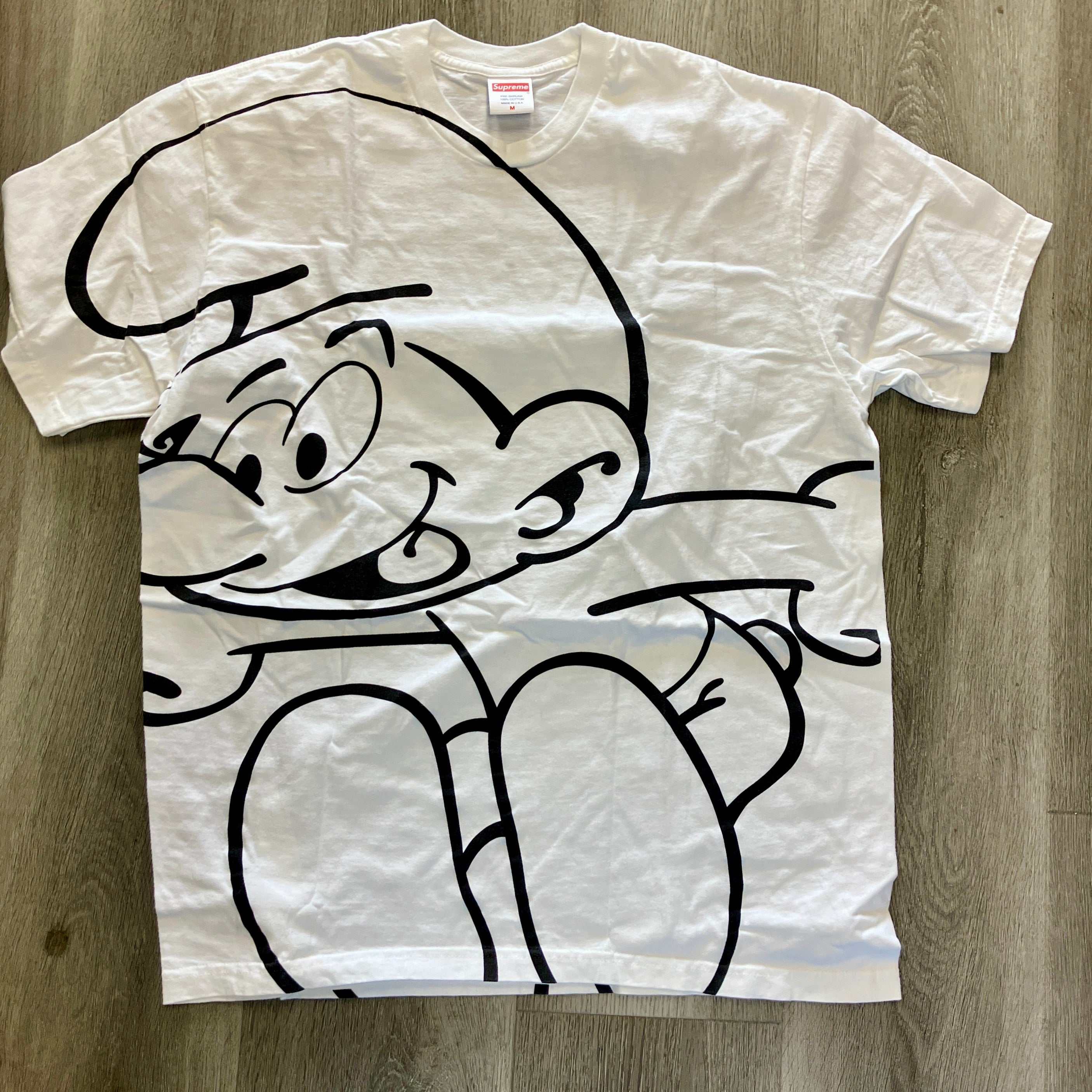 White Supreme Smurfs Tee with large black Smurf graphic, brand new, 21" pit to pit, 26.5" length