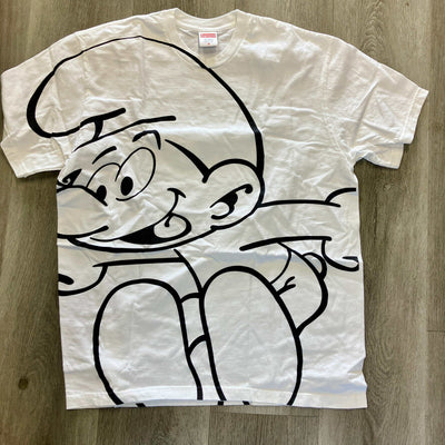 White Supreme Smurfs Tee with large black Smurf graphic, brand new, 21" pit to pit, 26.5" length