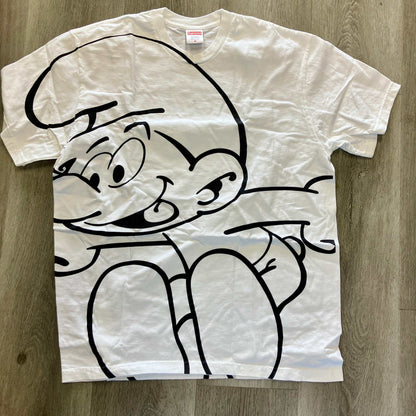 White Supreme Smurfs Tee with large black Smurf graphic, brand new, 21" pit to pit, 26.5" length