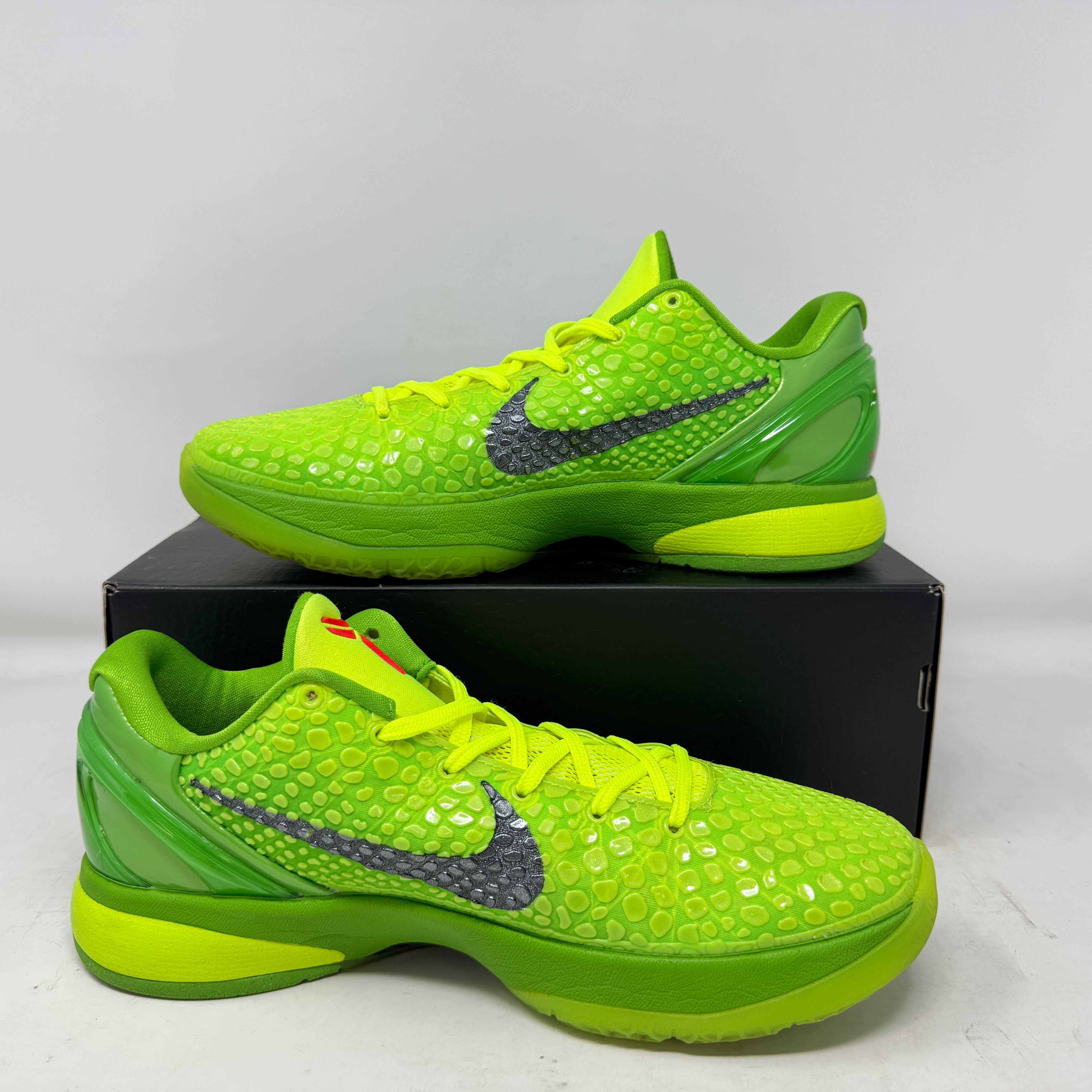 Nike Kobe 6 Protro Grinch 2020 sneakers, vibrant green, pre-owned condition, black swoosh, with replacement box.