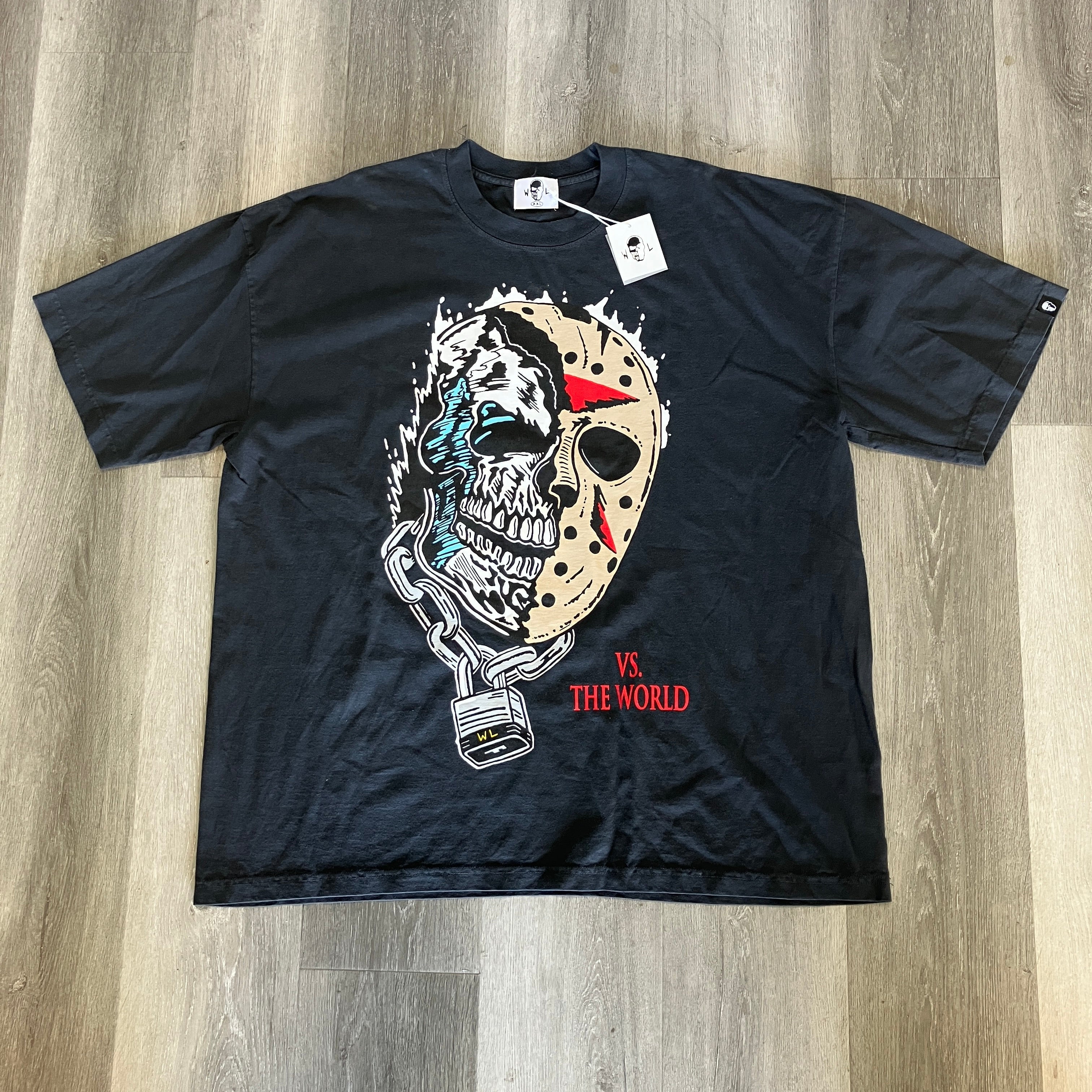 Warren Lotas XXL black T-shirt with Jason mask graphic and "VS. THE WORLD" text