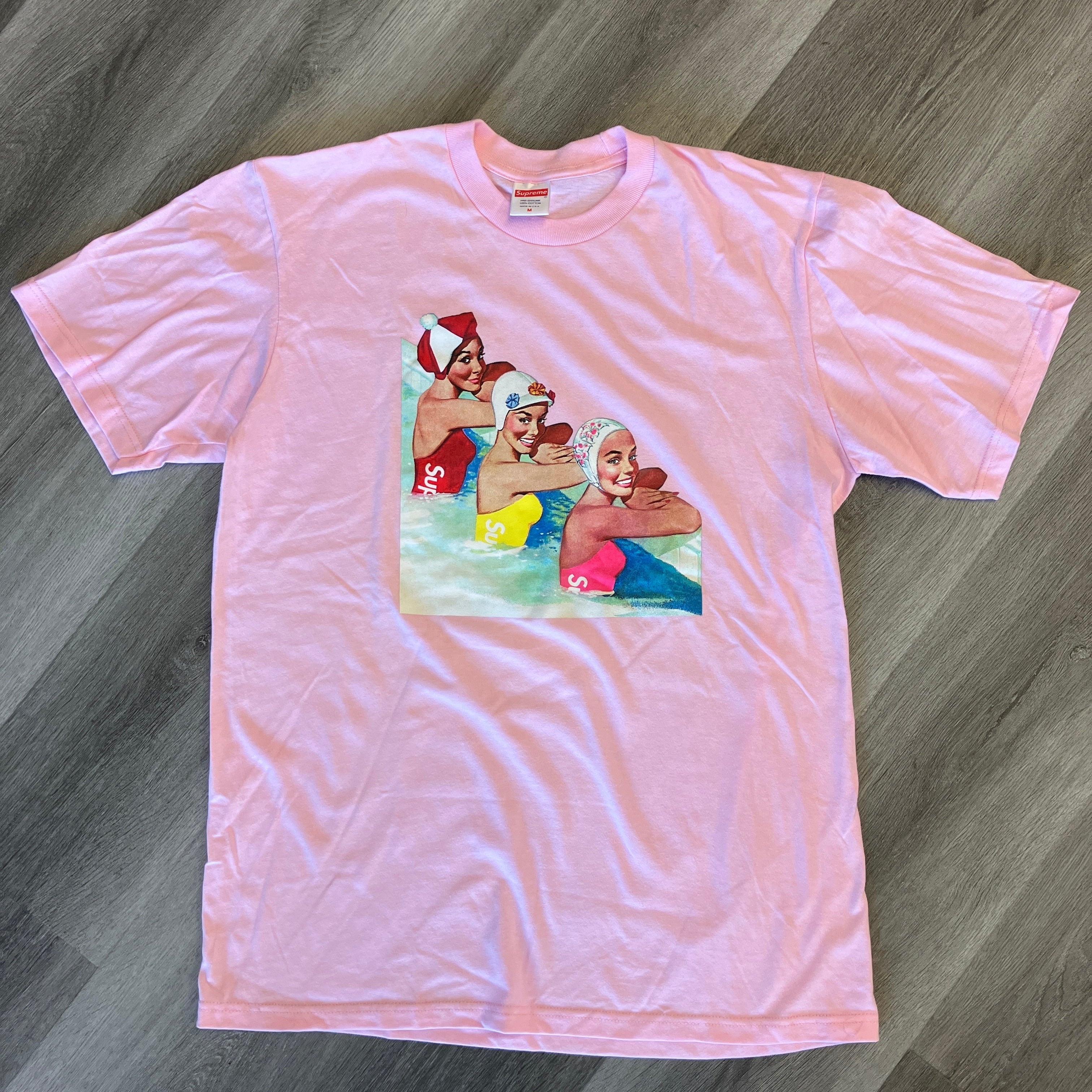Pink Supreme Swimmers Tee with vintage swimmer graphic, brand new, 21" pit to pit, 30" length