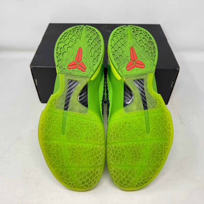 Green Nike Kobe 6 Protro Grinch sneakers with a textured sole, pre-owned condition, rep box included.