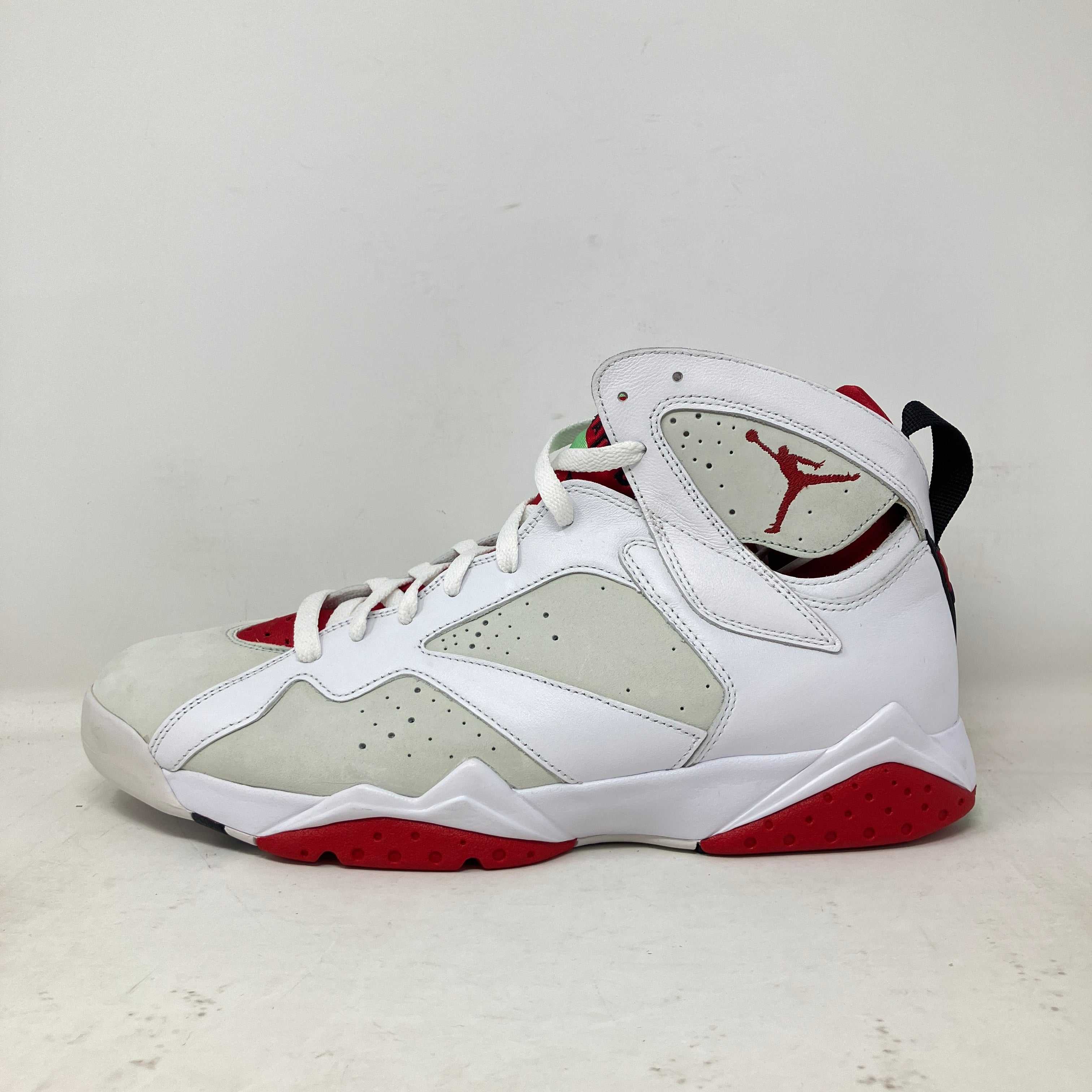 White and red Jordan 7 Retro Hare 2015 sneaker, brand new without box, side view