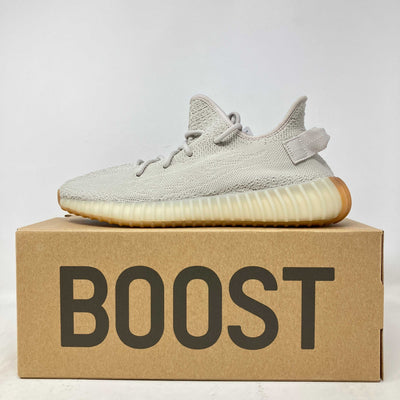 adidas Yeezy Boost 350 V2 Sesame sneaker in light beige knit with ribbed translucent sole and gum outsole on Boost box