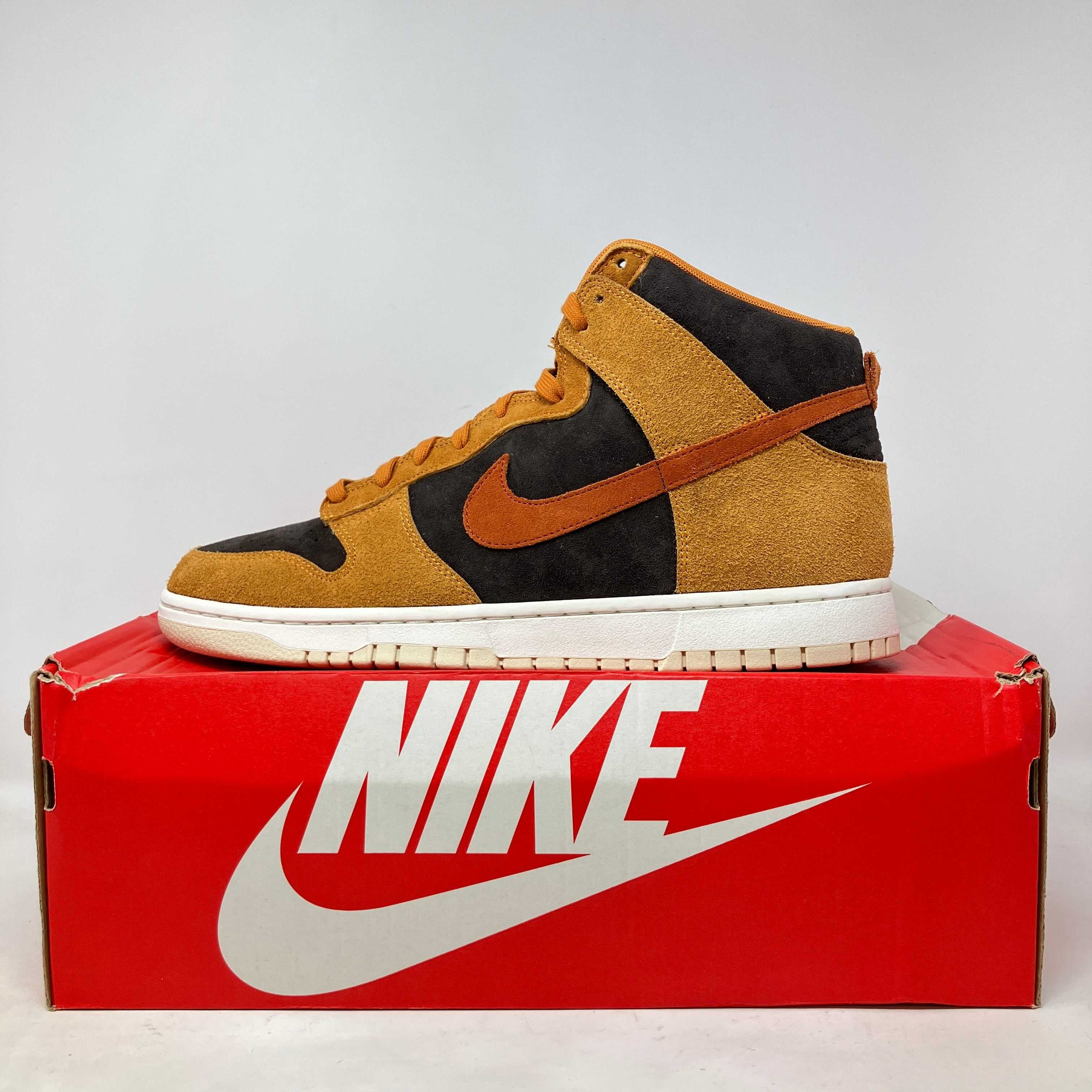 Nike Dunk High PRM Dark Russet sneaker on red Nike box, brand new condition