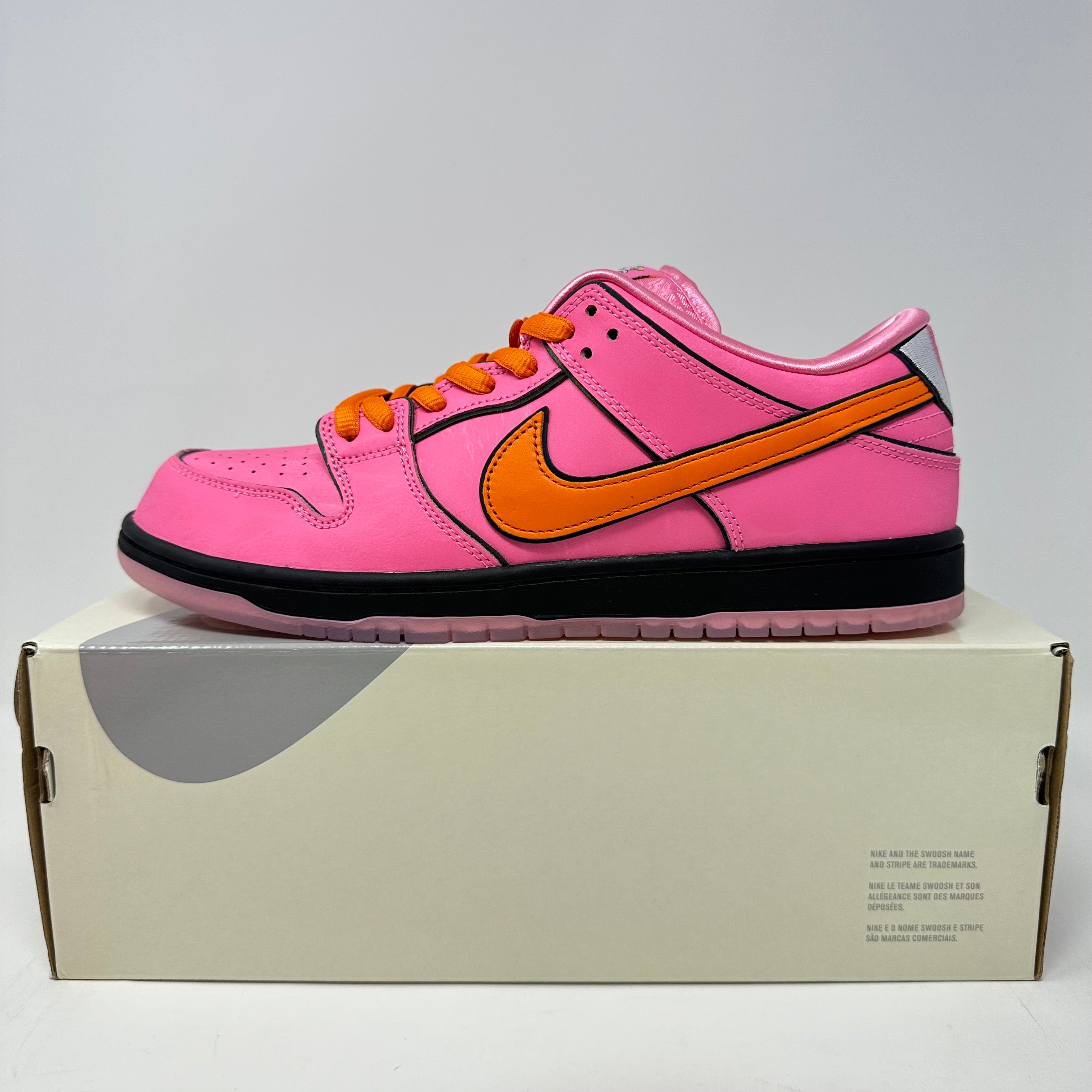Nike SB Dunk Low The Powerpuff Girls Blossom sneaker, brand new with accessories, pink and orange design.