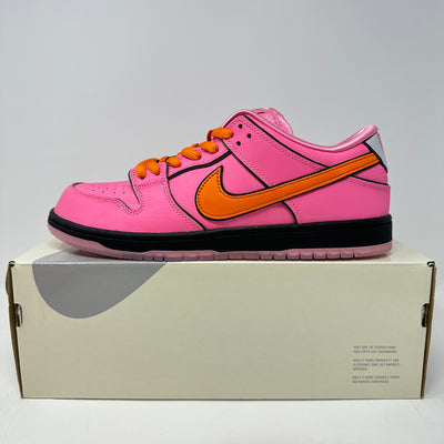 Nike SB Dunk Low The Powerpuff Girls Blossom sneaker, brand new with accessories, pink and orange design.