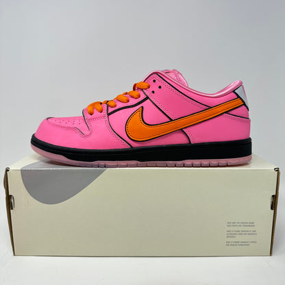 Nike SB Dunk Low The Powerpuff Girls Blossom sneaker, brand new with accessories, pink and orange design.