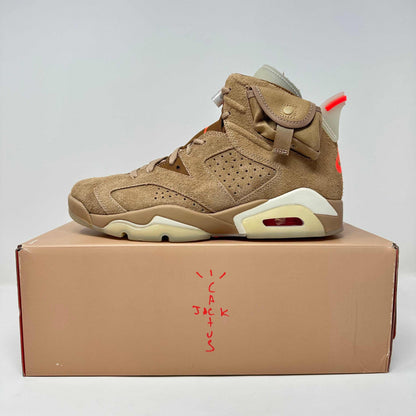 Jordan 6 Retro Travis Scott British Khaki sneaker on branded box, brand new with accessories included