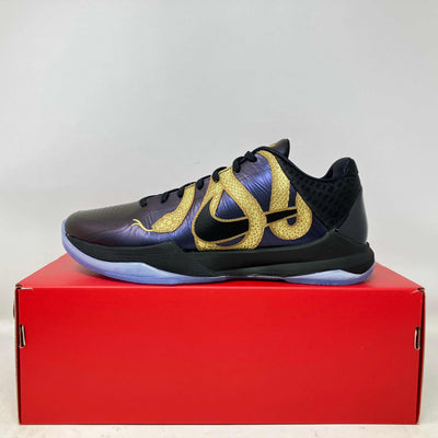 Nike Kobe 5 Protro Year of the Mamba Eggplant basketball shoe on red box, brand new with accessories included