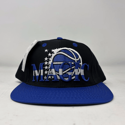 Vintage Orlando Magic black and blue snapback cap with embroidered logo and stars, brand new condition