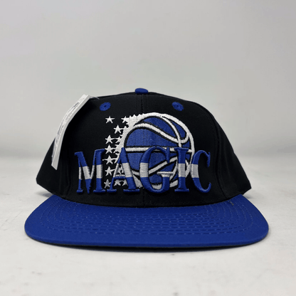 Vintage Orlando Magic black and blue snapback cap with embroidered logo and stars, brand new condition