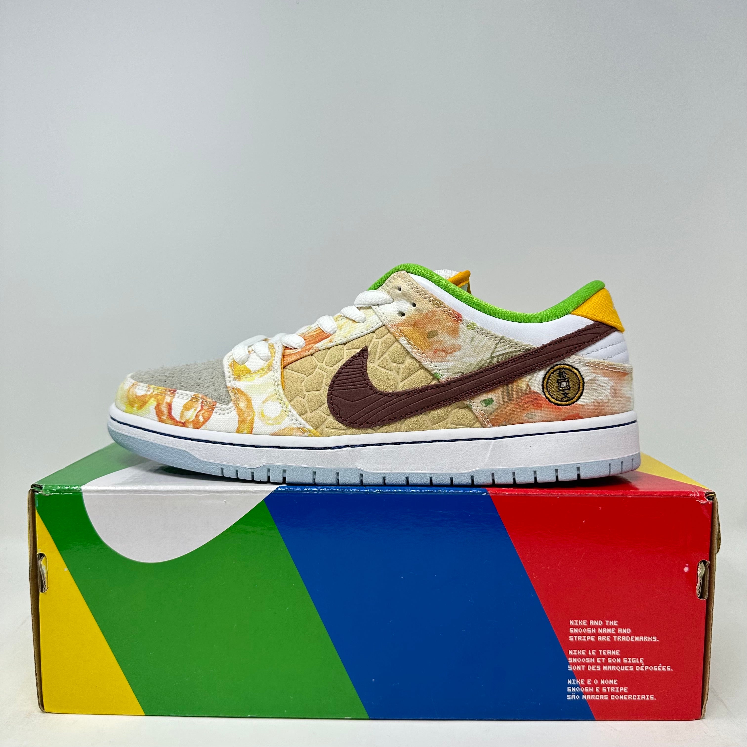 Nike SB Dunk Low Street Hawker 2021 sneaker in multicolor design on a colorful box, brand new with all accessories included