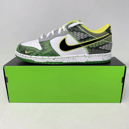Nike Dunk Low What the Duck Away University of Oregon PE sneaker, brand new with all accessories, on green box.