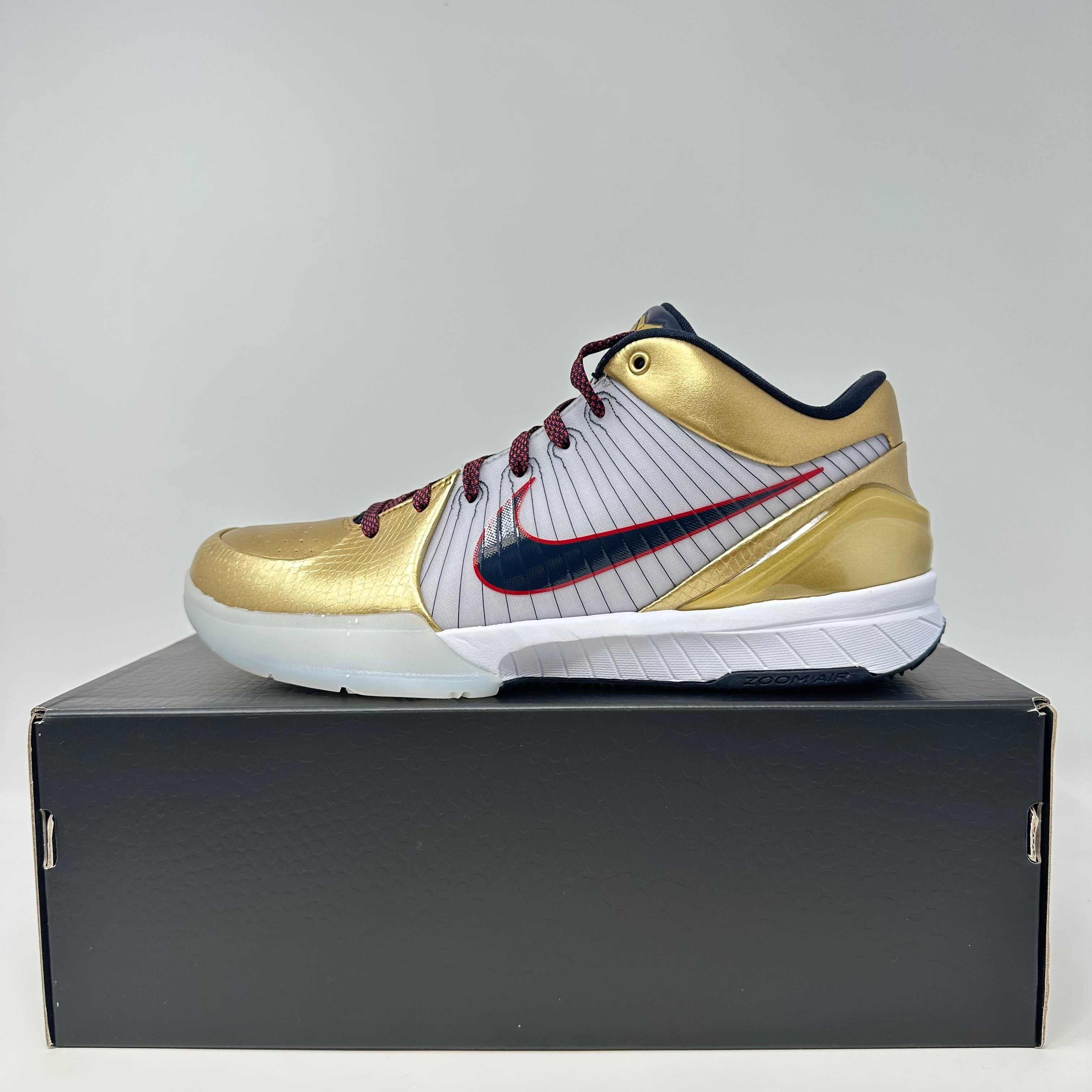 Nike Kobe 4 Protro Gold Medal 2024 basketball shoe in gold and white on black box, brand new with accessories included