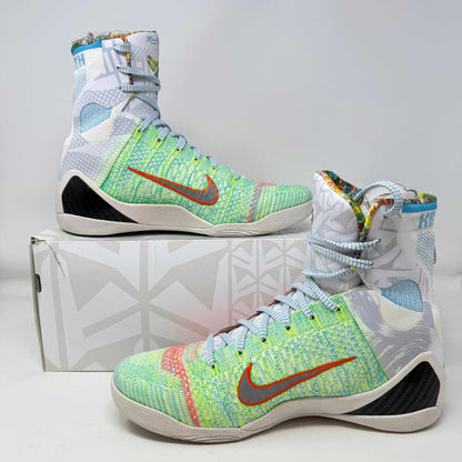 Nike Kobe 9 Elite What the Kobe sneakers, pre-owned, complete with accessories, vibrant multicolor design.