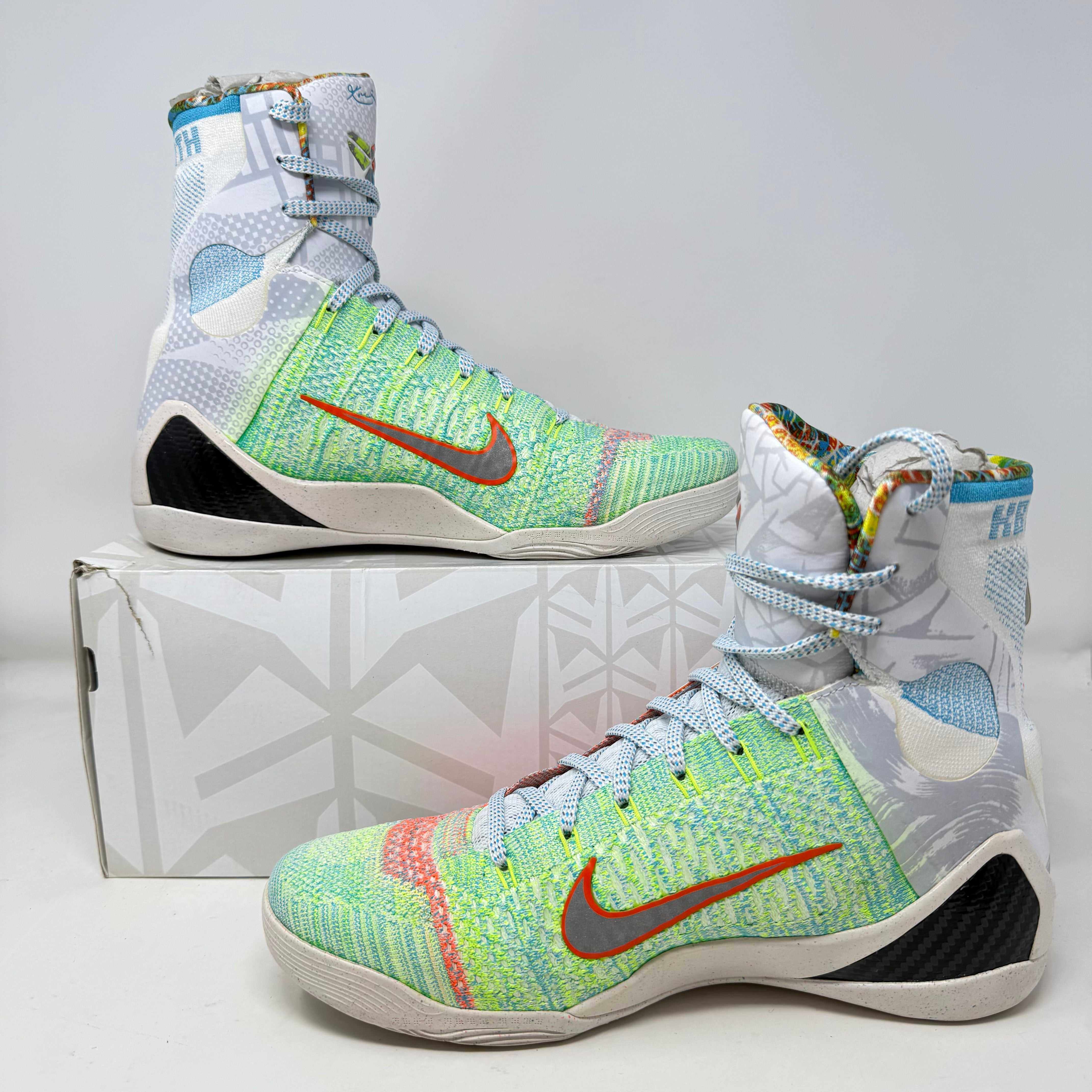 Nike Kobe 9 Elite What the Kobe sneakers, pre-owned, complete with accessories, vibrant multicolor design.