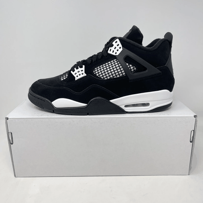 Jordan 4 Retro White Thunder sneakers, brand new with all accessories, displayed on a box.