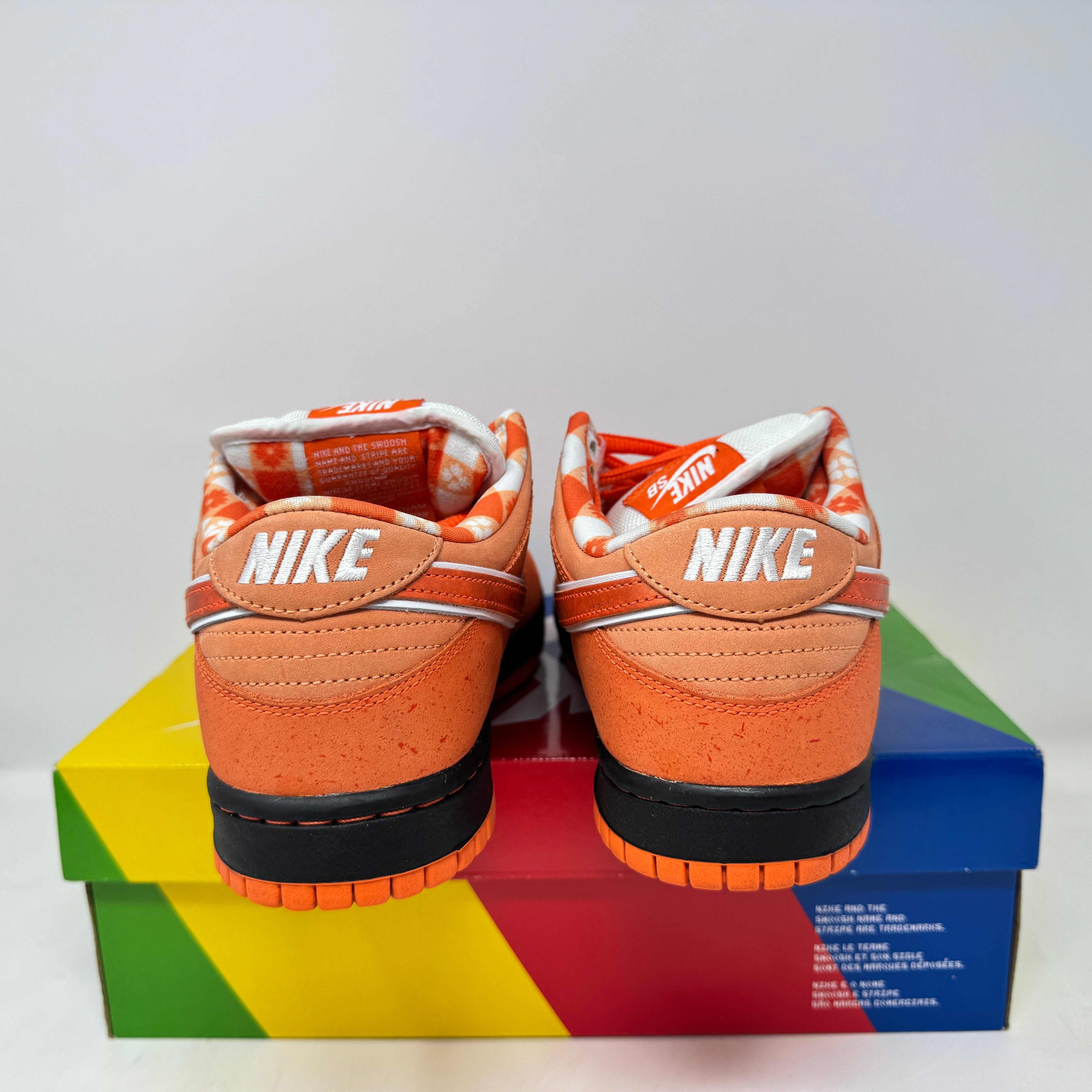Nike SB Dunk Low Concepts Orange Lobster sneakers, pre-owned, on colorful box, missing rubber bands.