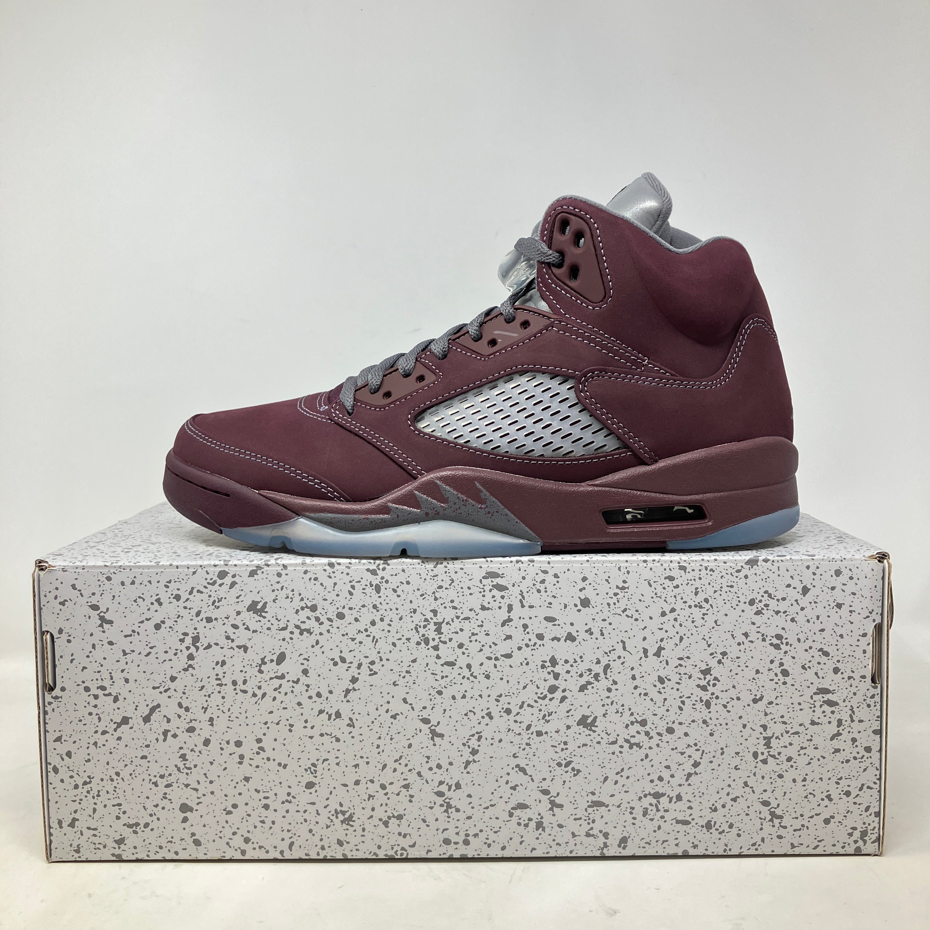 Jordan 5 Retro Burgundy 2023 sneaker brand new on speckled shoebox with all accessories included