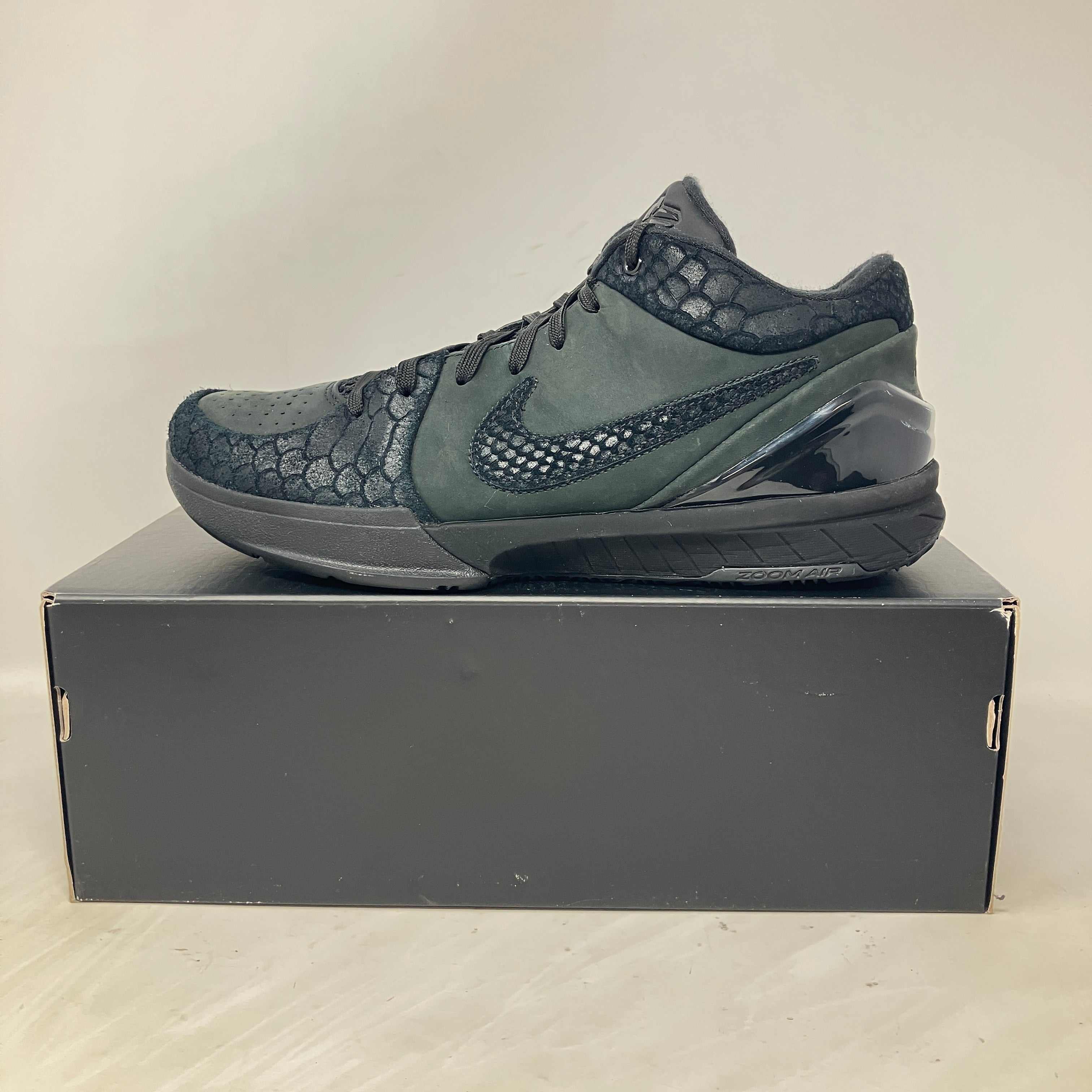 Nike Kobe 4 Protro Gift of Mamba black sneaker on black shoebox, pre owned with all accessories included