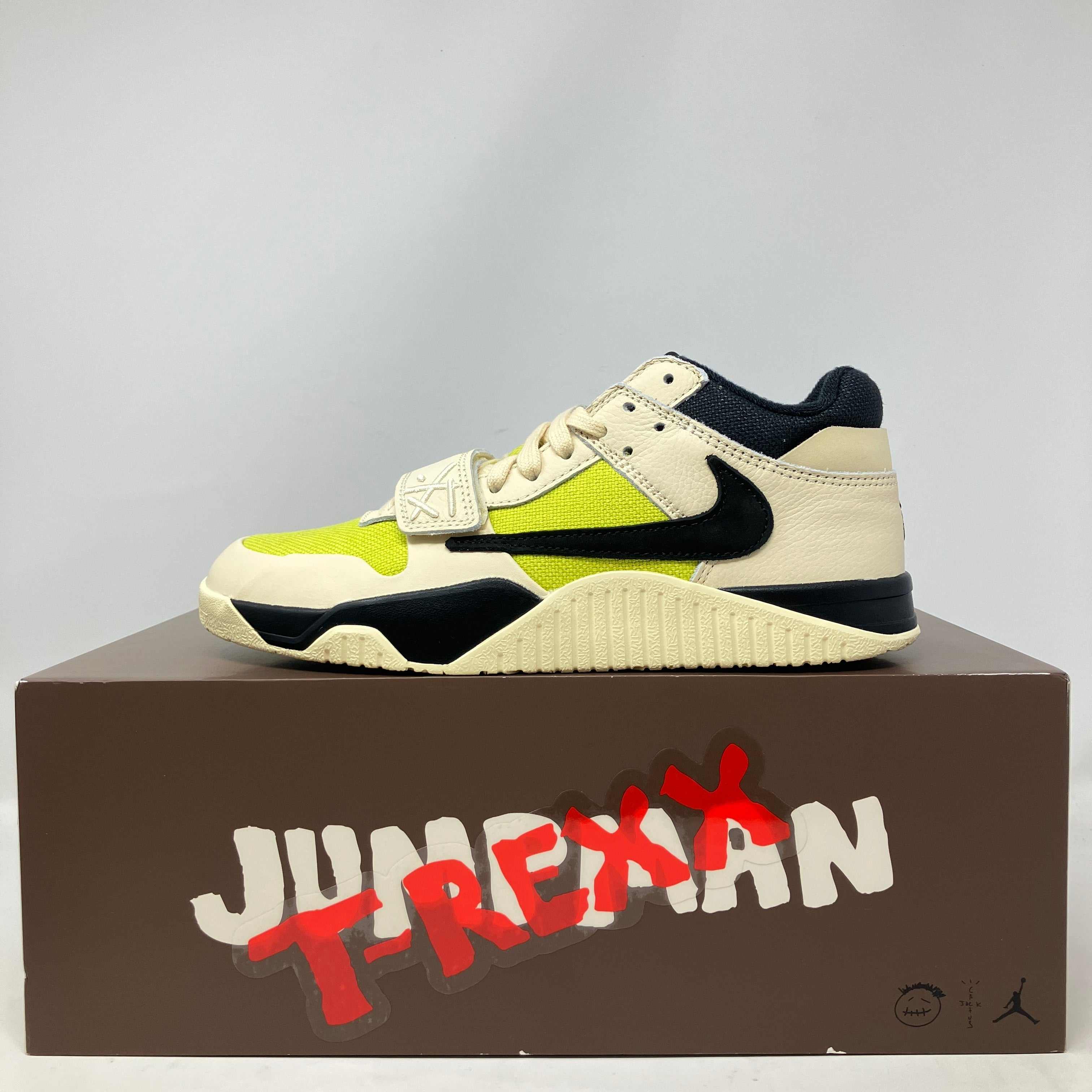 Jordan Jumpman Jack TR Travis Scott sneakers in Bright Cactus colorway on display, brand new with all accessories included.
