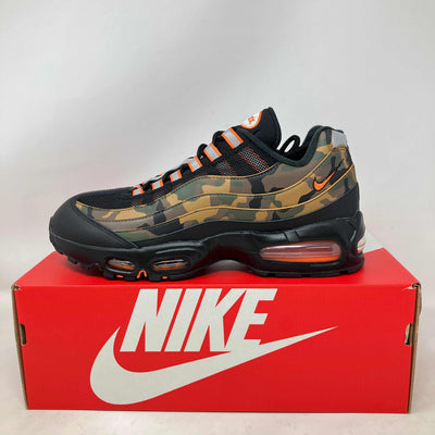 Nike Air Max 95 Safety Orange Camo sneaker on red Nike box, brand new condition