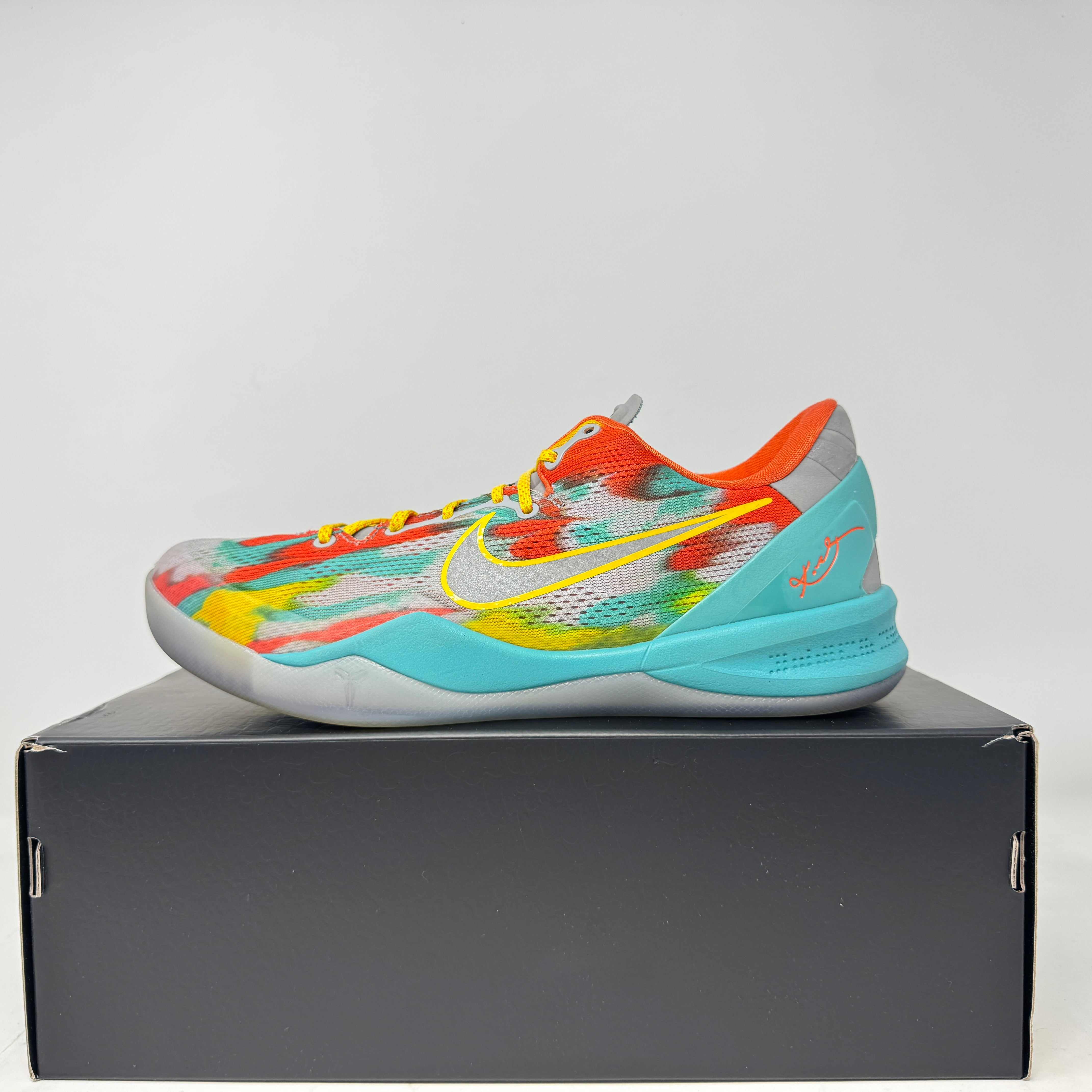 Nike Kobe 8 Protro Venice Beach 2024 colorful basketball shoe on black box, pre-owned with all accessories included