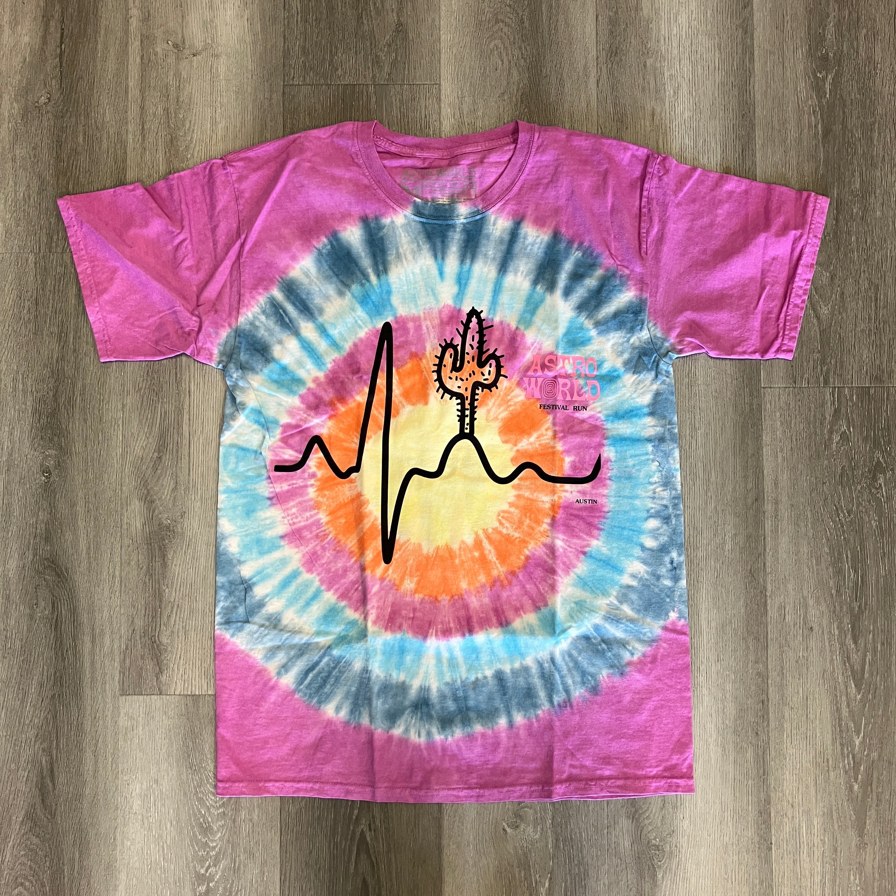 Travis Scott Astroworld tie-dye festival t-shirt with cactus design.
