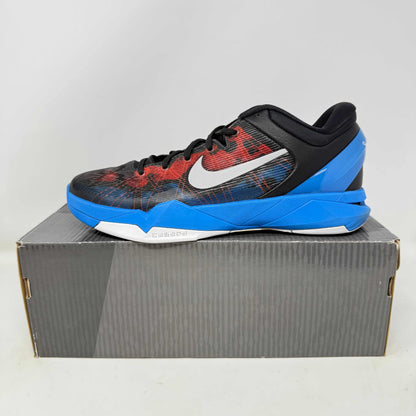 Nike Kobe 7 Poison Dart Frog basketball shoe in black, blue, and red with white Nike swoosh on gray box