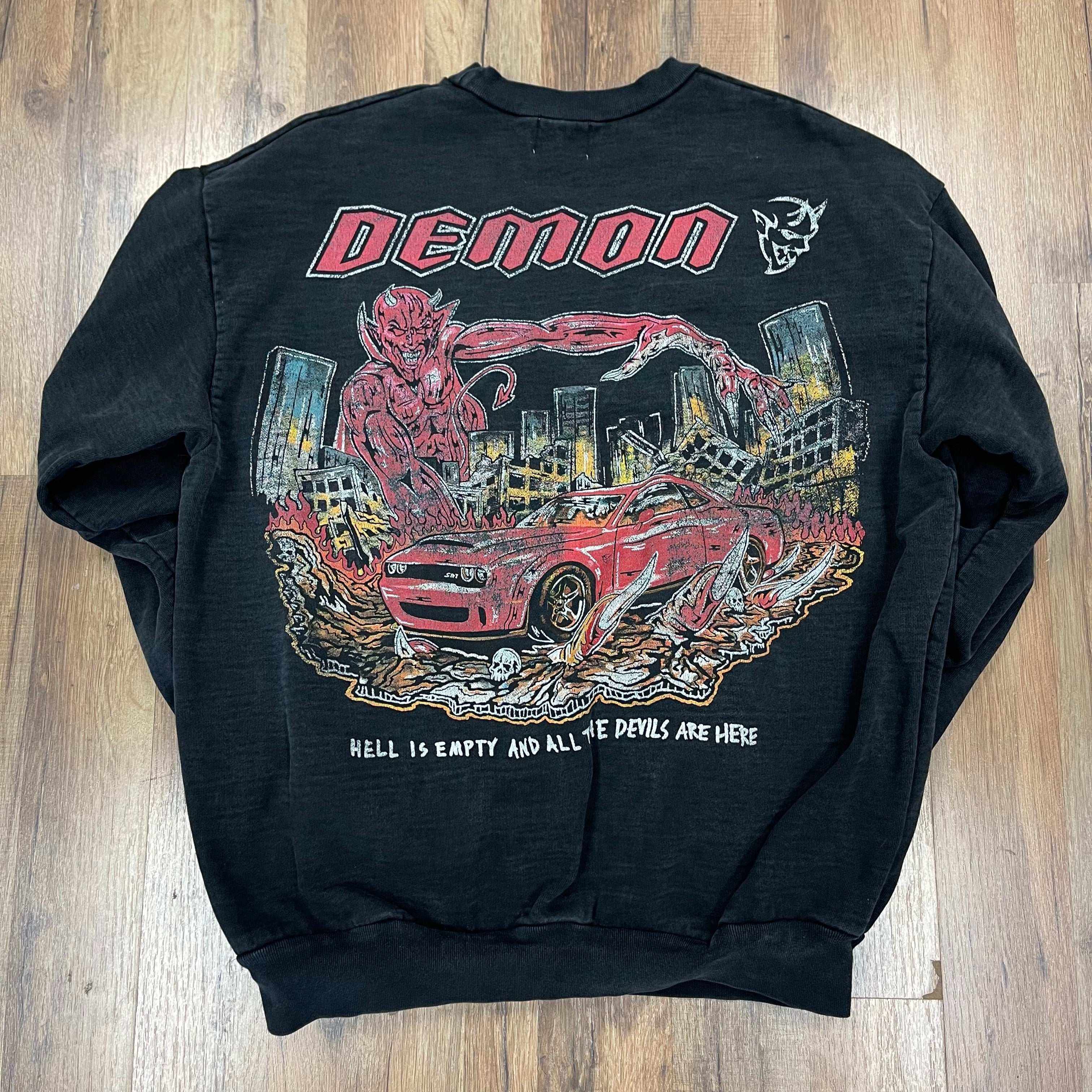 Warren Lotas Dodge Demon Crewneck Black, vintage design featuring demon and car graphics, pre-owned.