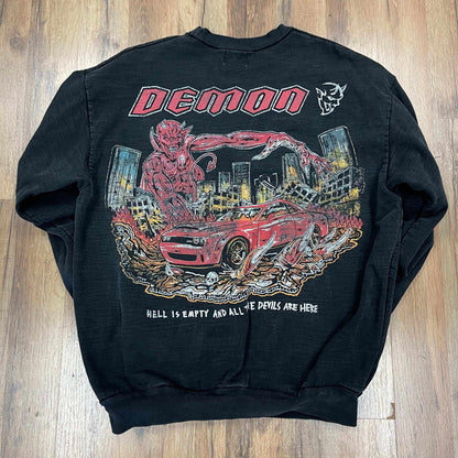 Warren Lotas Dodge Demon Crewneck Black, vintage design featuring demon and car graphics, pre-owned.