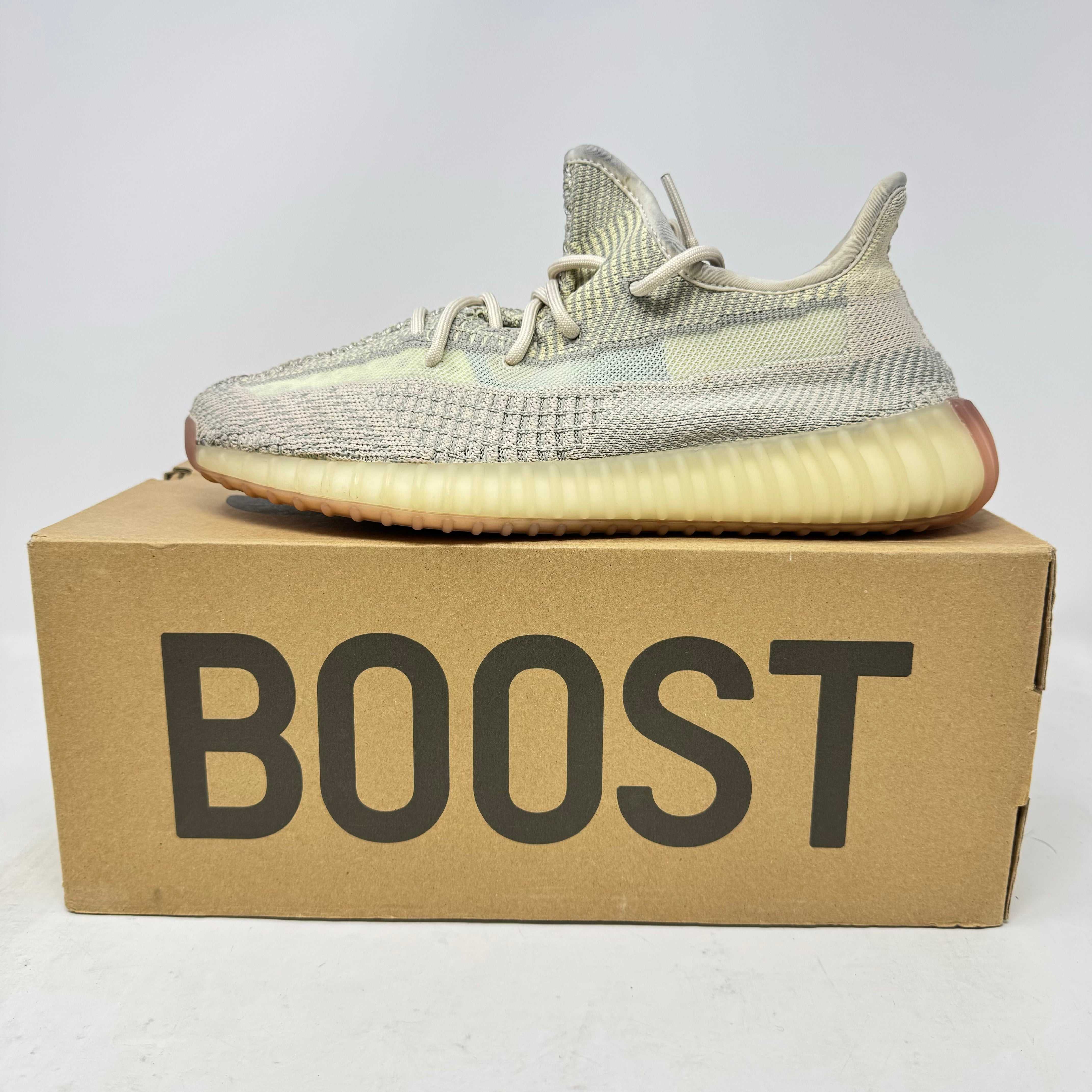 Preowned adidas Yeezy Boost 350 V2 Citrin (Non-Reflective) sneaker on Boost box.
