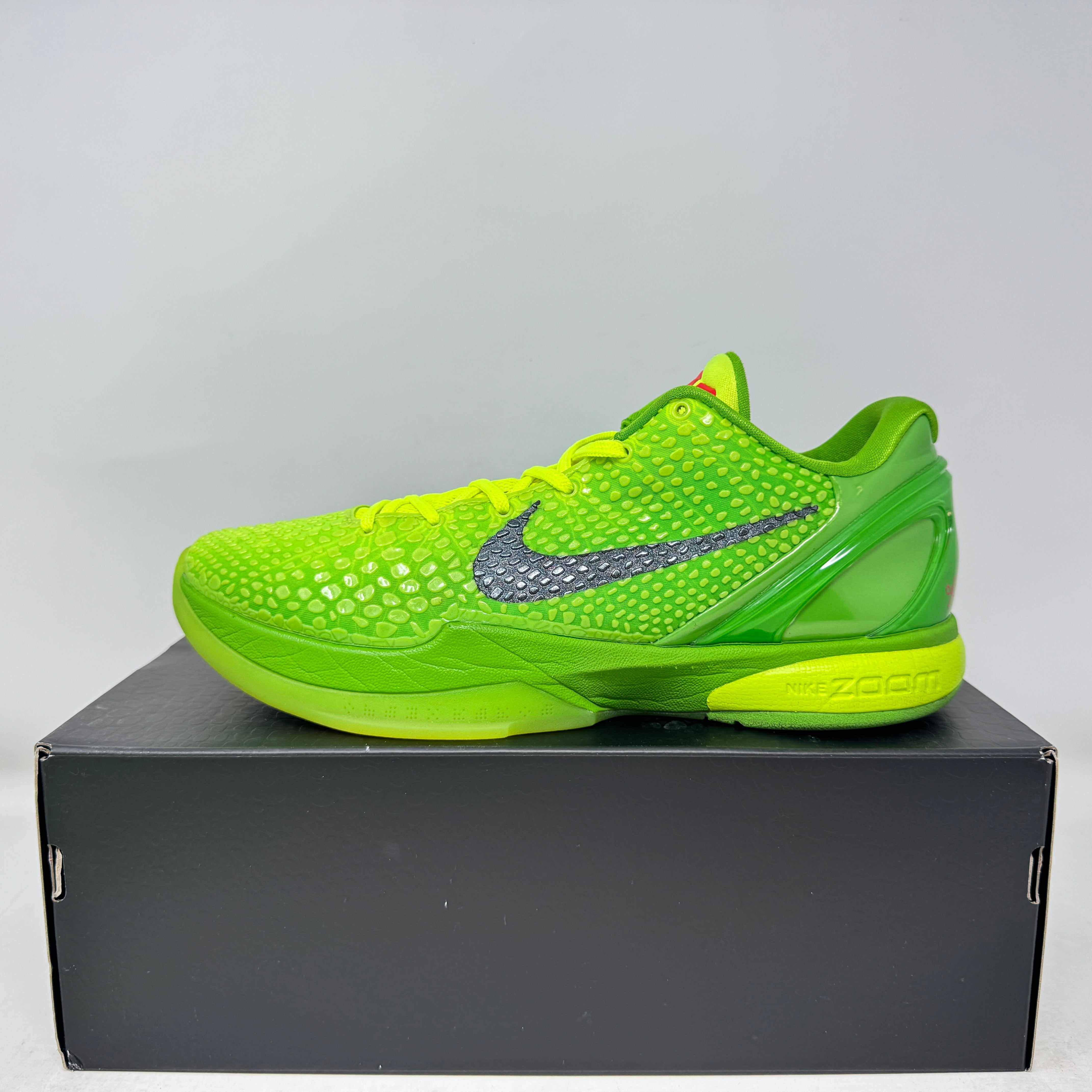 Nike Kobe 6 Protro Grinch 2020 bright green basketball shoe on black box