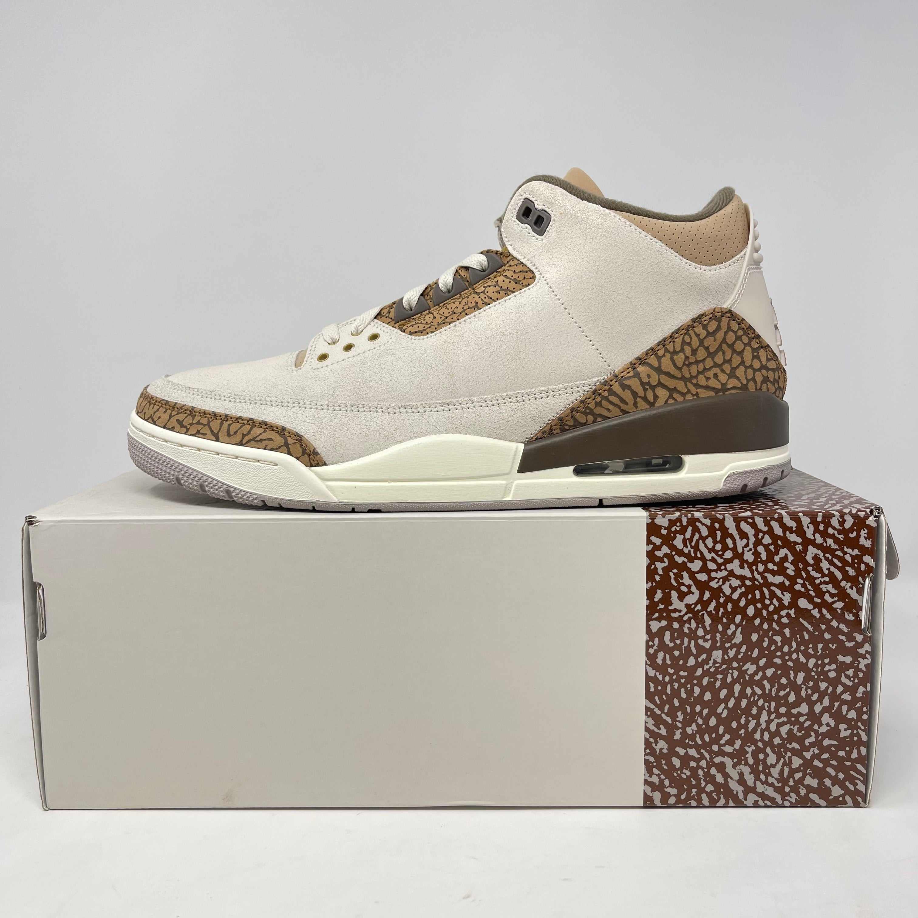 Jordan 3 Retro Palomino sneaker in beige and brown on its box, brand new with all accessories included