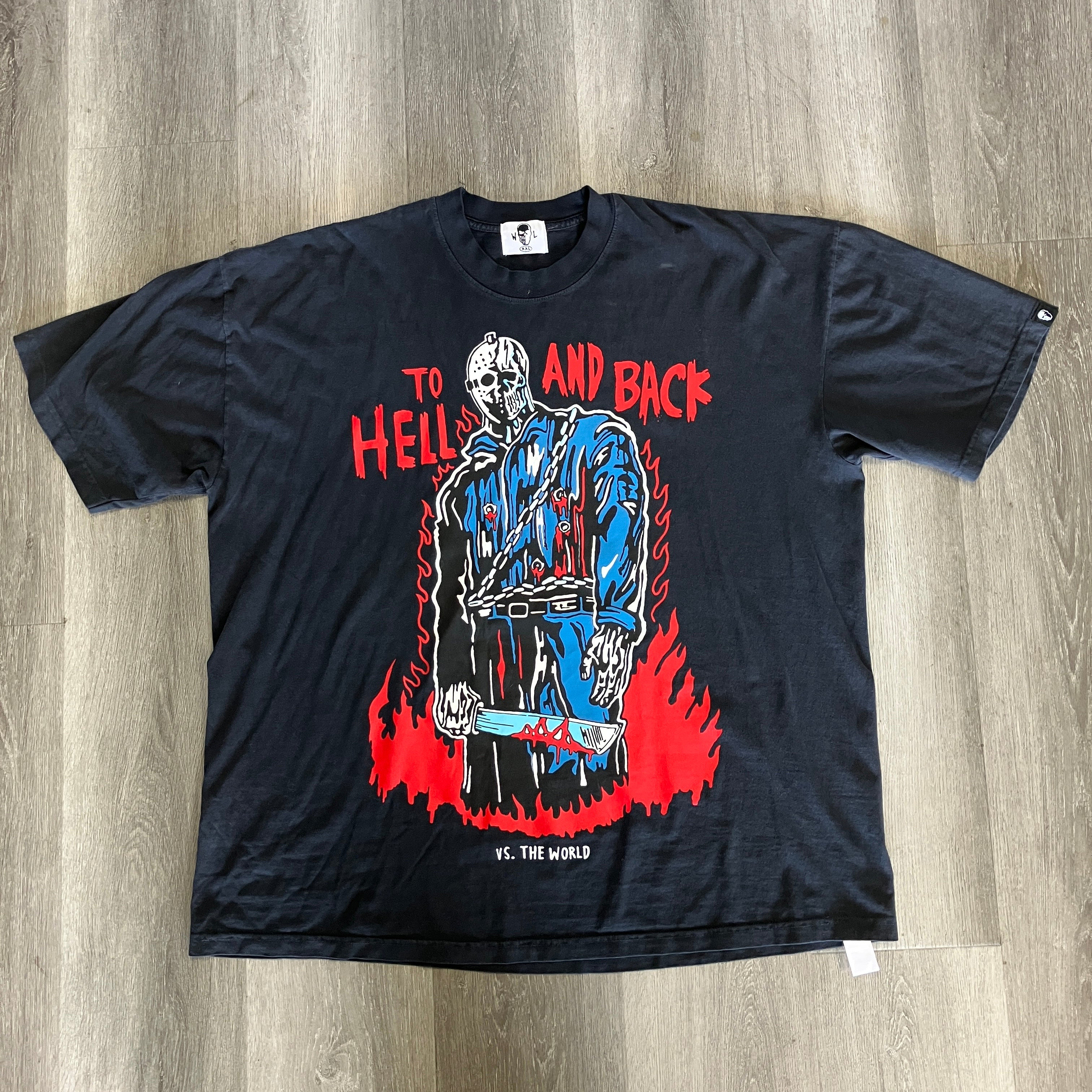 Warren Lotas Jason Vs The World black T-shirt with graphic "To Hell and Back" and character illustration in red and blue, size XXL