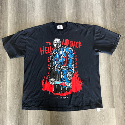 Warren Lotas Jason Vs The World black T-shirt with graphic "To Hell and Back" and character illustration in red and blue, size XXL